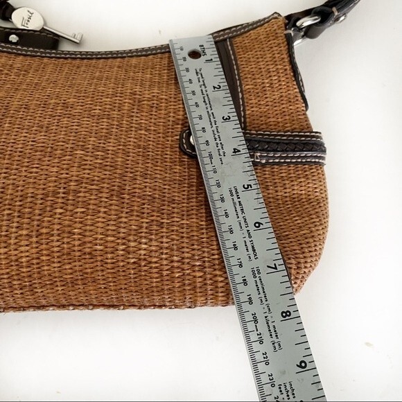 FOSSIL Straw Shoulder Bag Brown Vegan Leather Trim Striped Fabric Lining - Picture 7 of 11